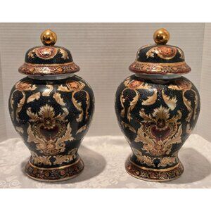 ASIAN VINTAGE PORCELAIN TEMPLE JAR HAND PAINTED MULTI-COLOR GOLD TRIM 12"  Set o